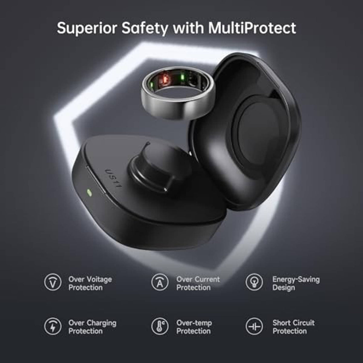 Black wireless ring charger base with metallic ring dock and protective open lid