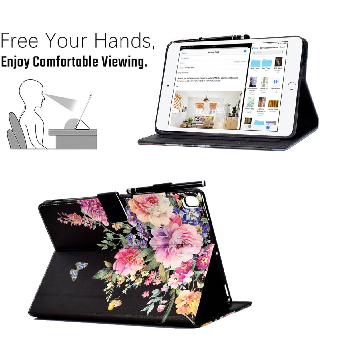Floral iPad 9.7 folio case with butterfly and flower print, viewing stand