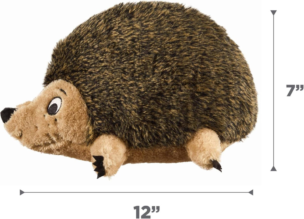 Plush hedgehog dog toy with 12-inch size view, tan snout and dark brown spikes