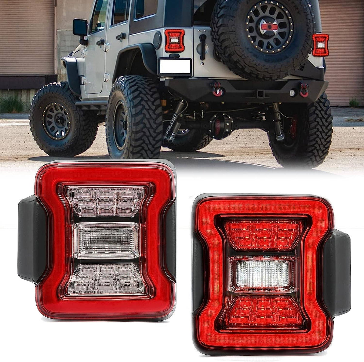 LED rear tail light pair with red outer frame and clear inner sections