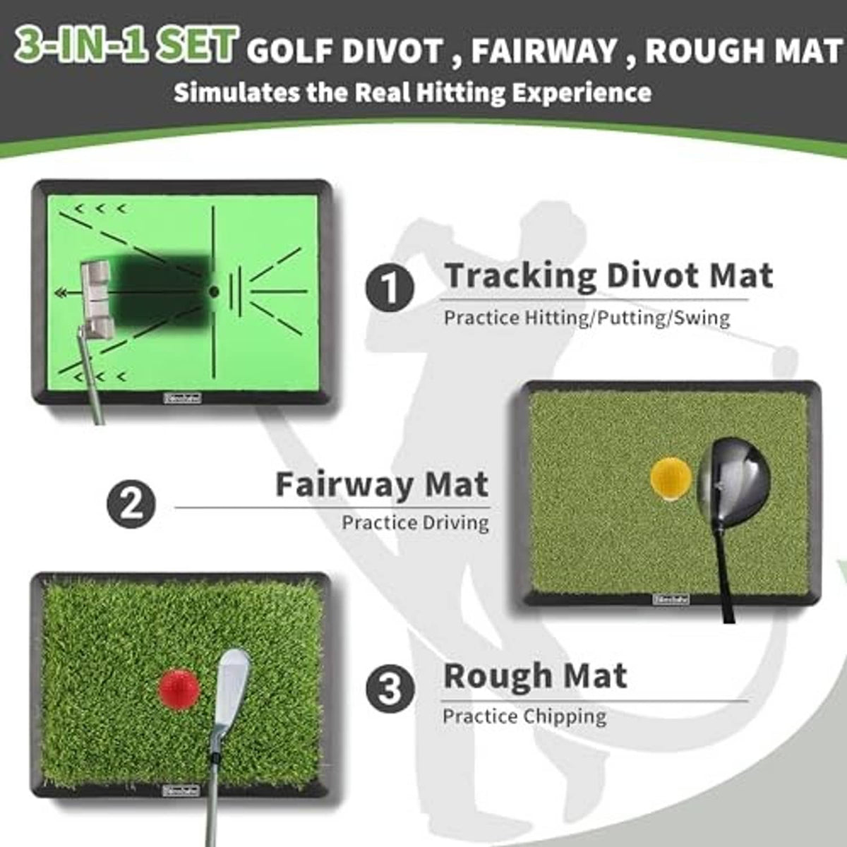 3-in-1 golf practice mat kit with green divot board, fairway turf, and rough mat