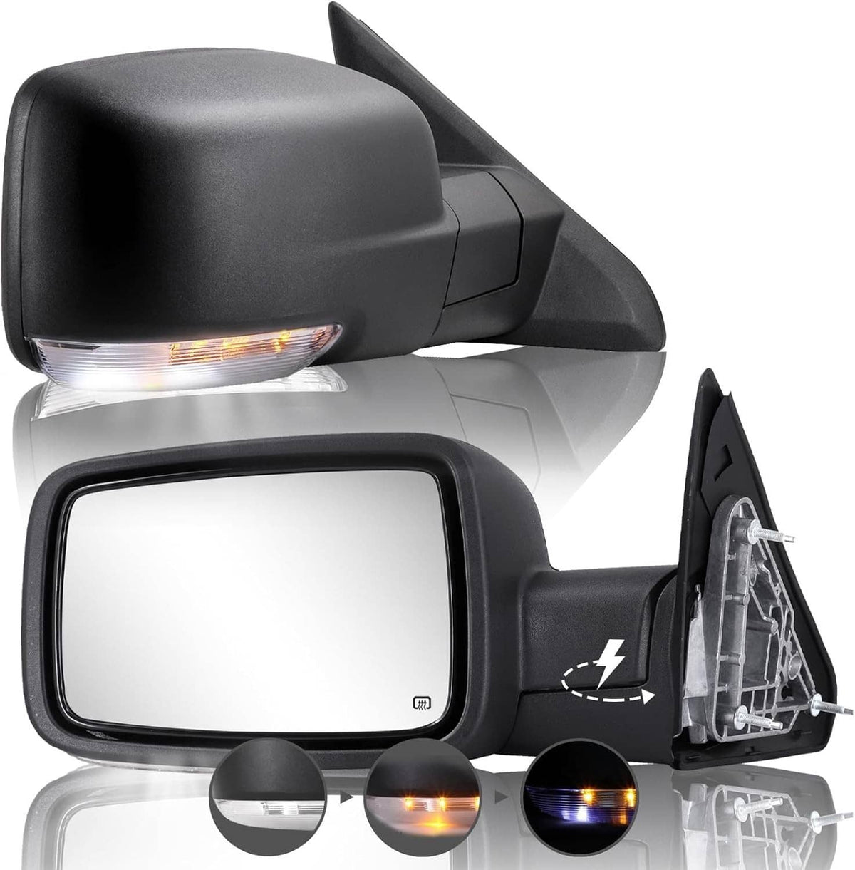 Black heated power-fold side mirror pair with turn-signal strip and clear mirror glass