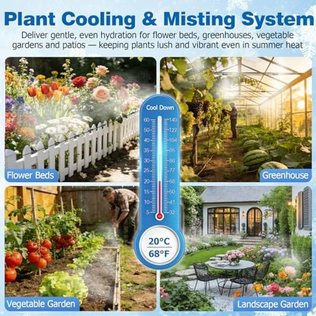 Garden misting cooling system spraying fine mist along fence and planting areas