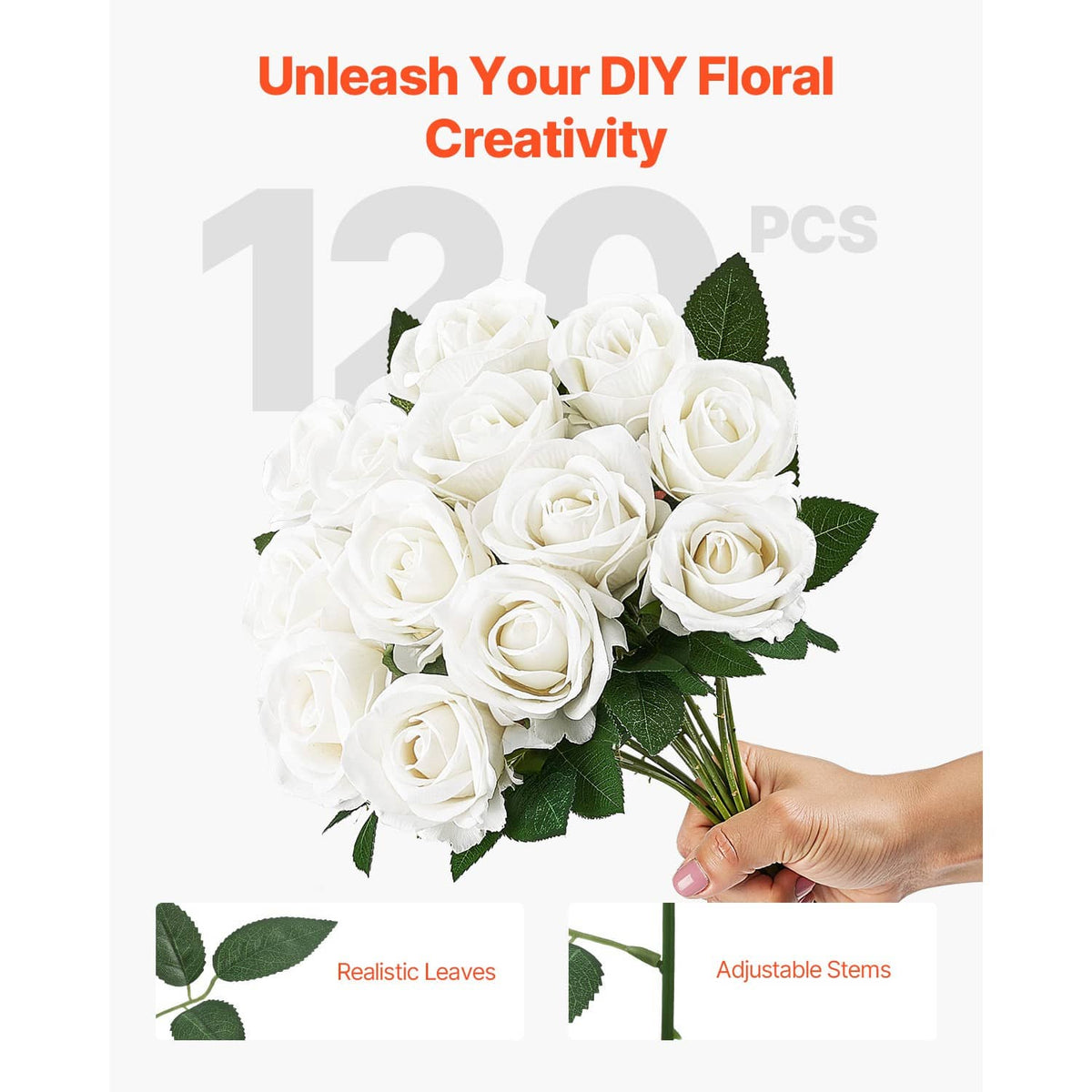 White artificial rose bouquet with green leaves and a hand holding stems