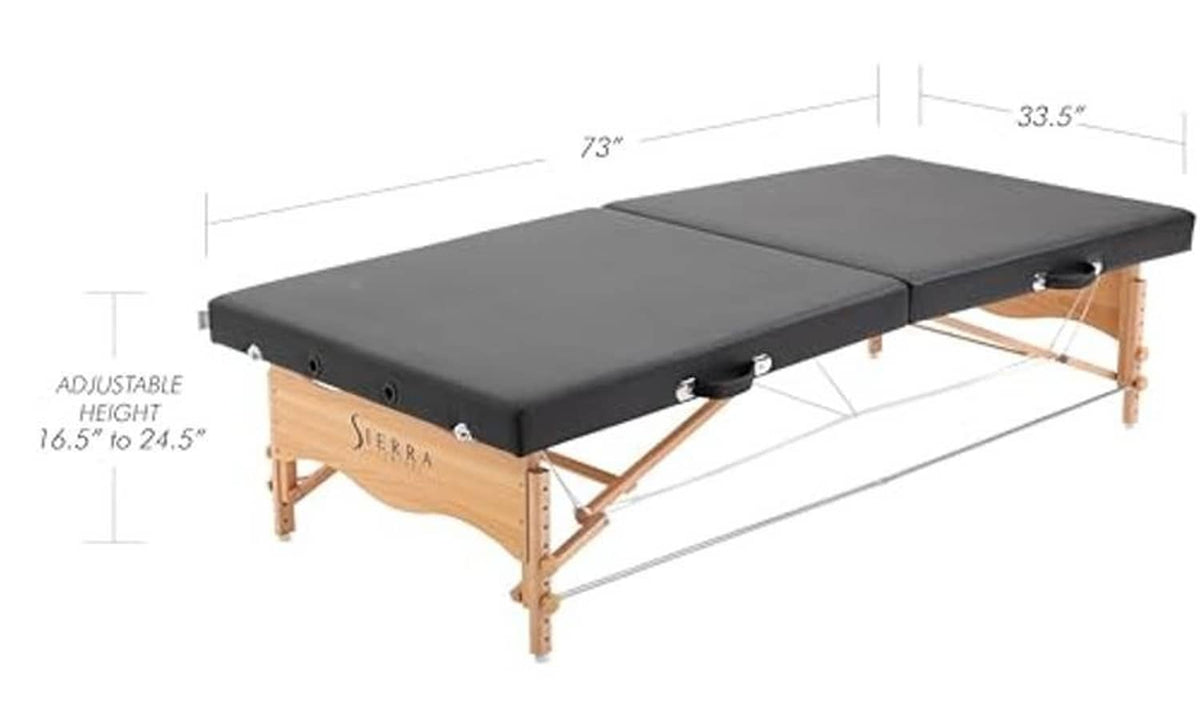 Black adjustable portable massage table with padded top and wooden support frame