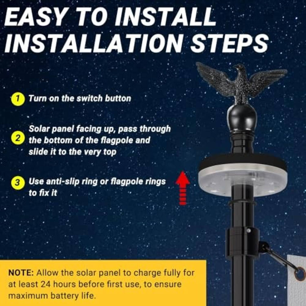 Black solar flagpole light topper with solar panel disk and anti-slip rings