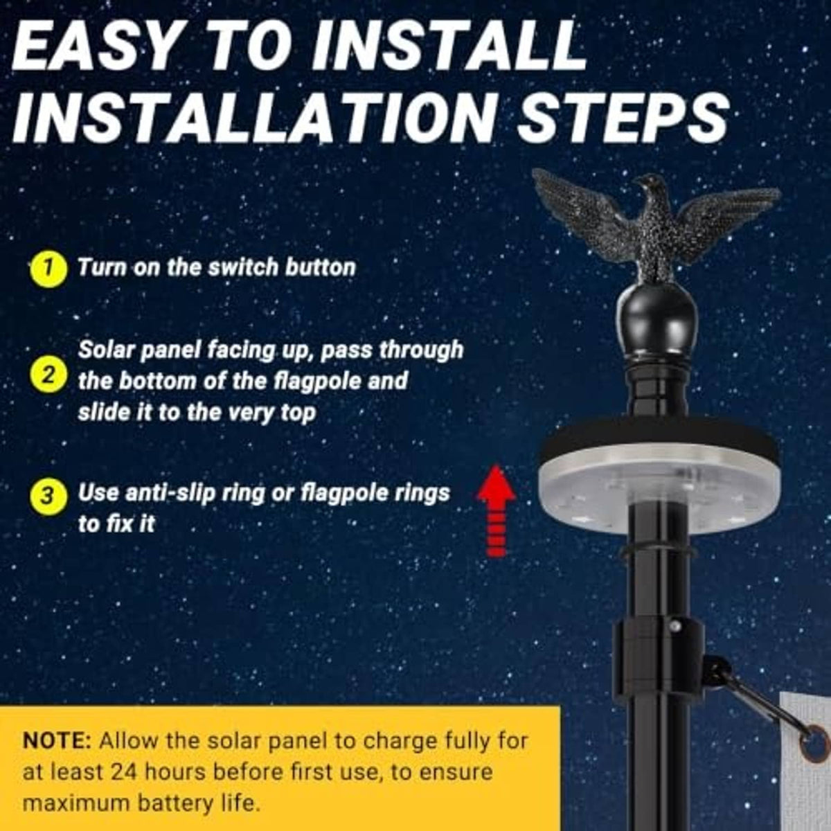 Black solar flagpole light topper with solar panel disk and anti-slip rings