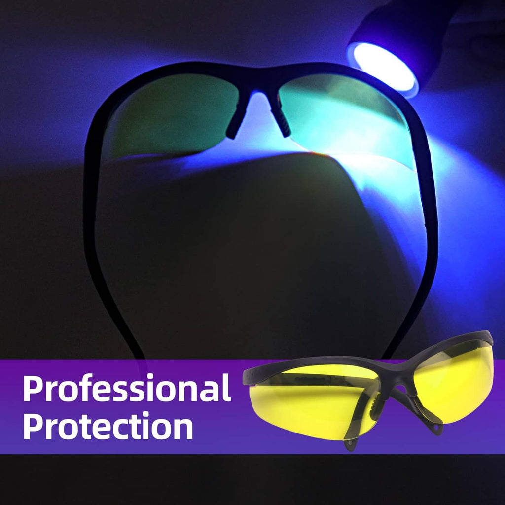 Black UV safety glasses with yellow lenses beside blue UV light for protection