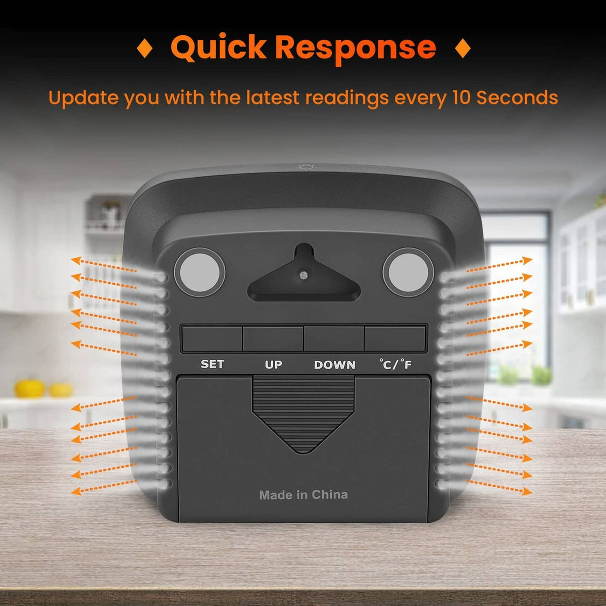 Black digital hygrometer rear controls with set, up, down buttons and quick update design