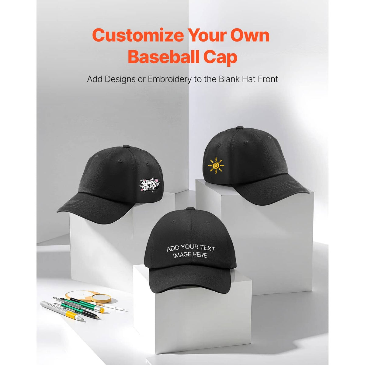 Black blank baseball cap with curved brim, ready for embroidery or print