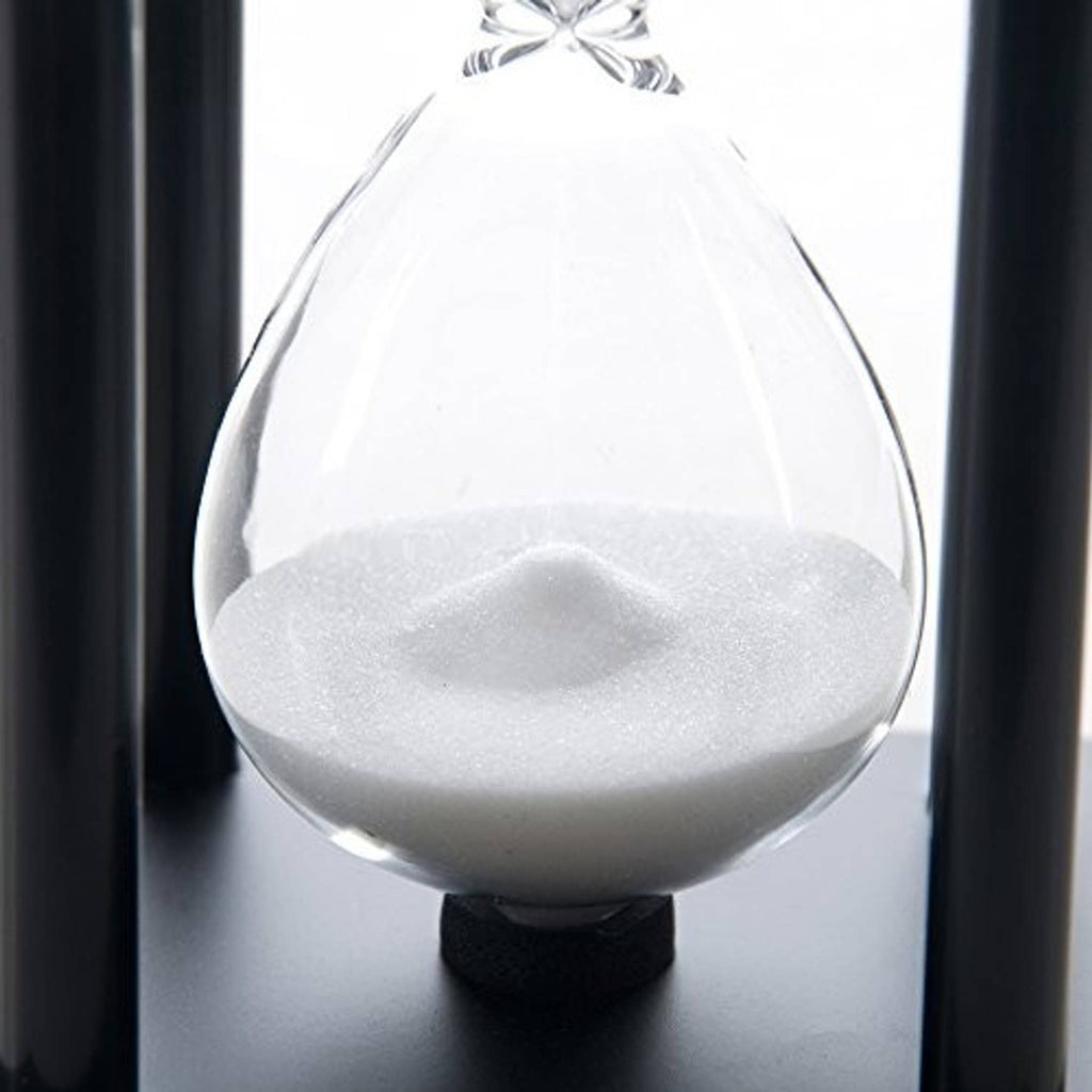 Hourglass close-up showing white sand mound in the bottom bulb