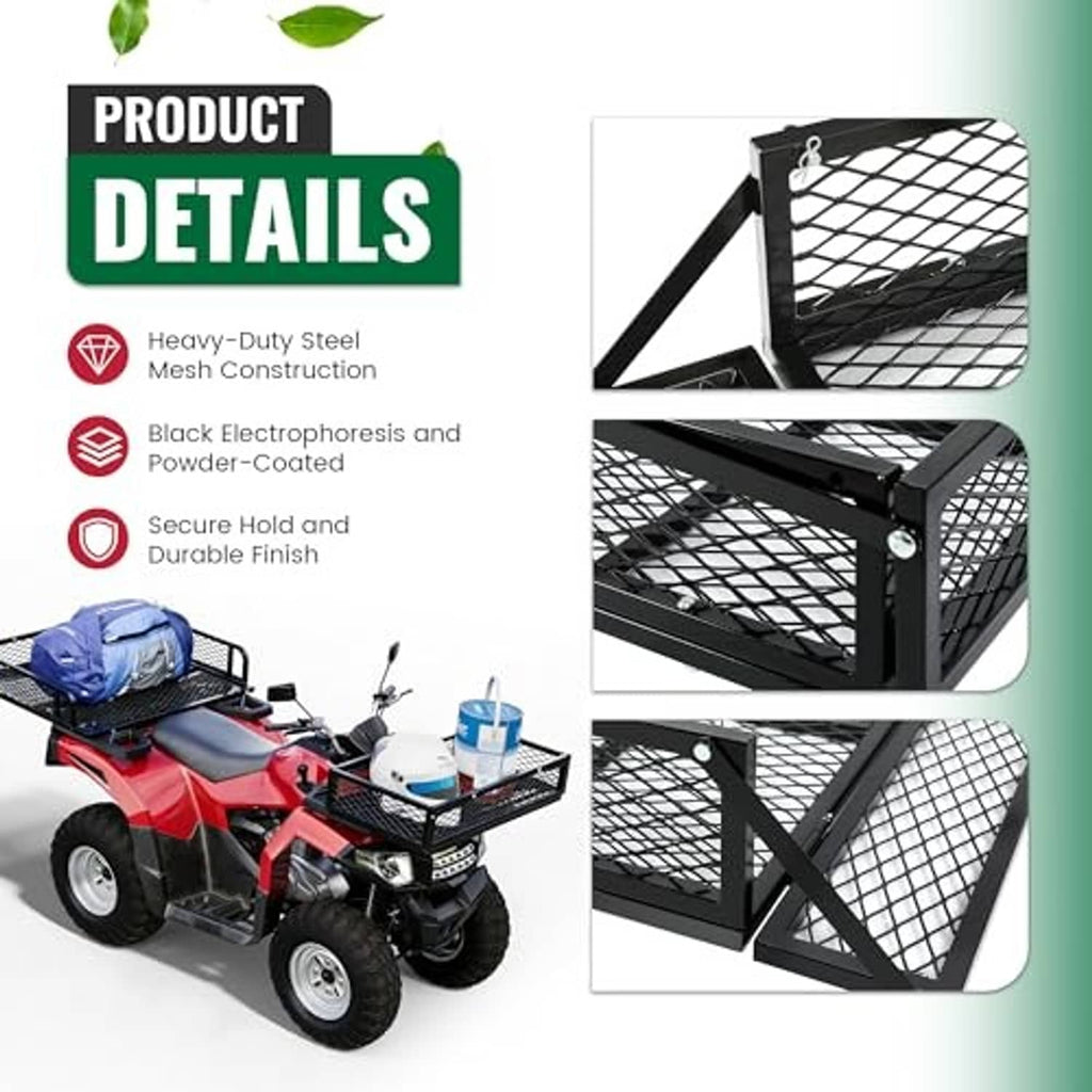 Close-up of black steel mesh ATV cargo basket with coated finish and corner support