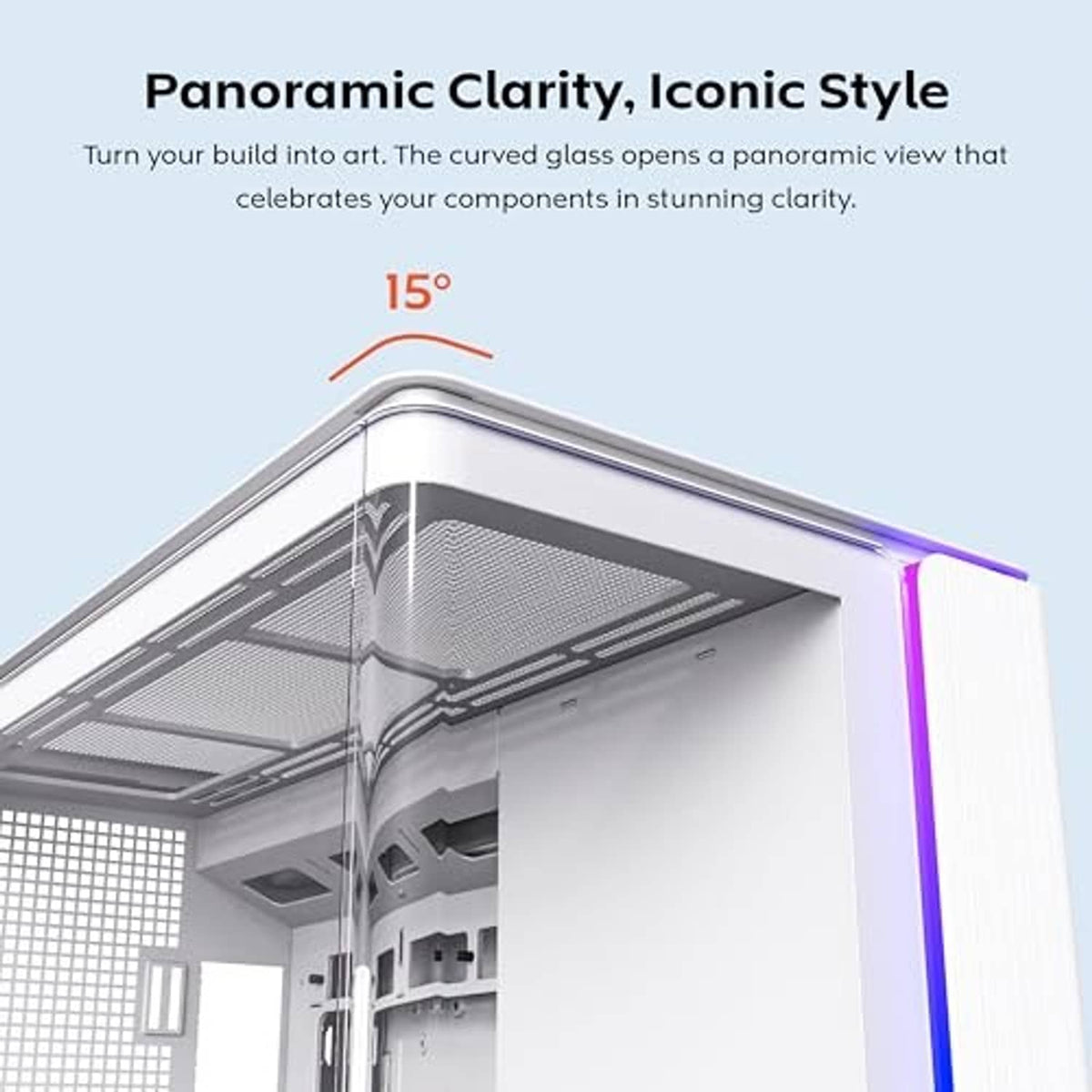 White PC case top corner with curved panoramic glass window and vented metal frame