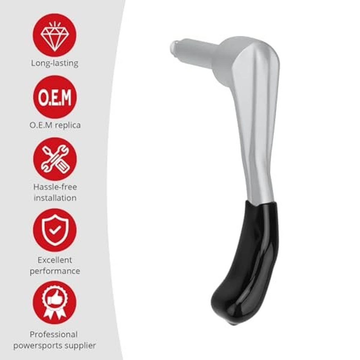 ATV thumb throttle lever with glossy black rubber hand grip and silver stem