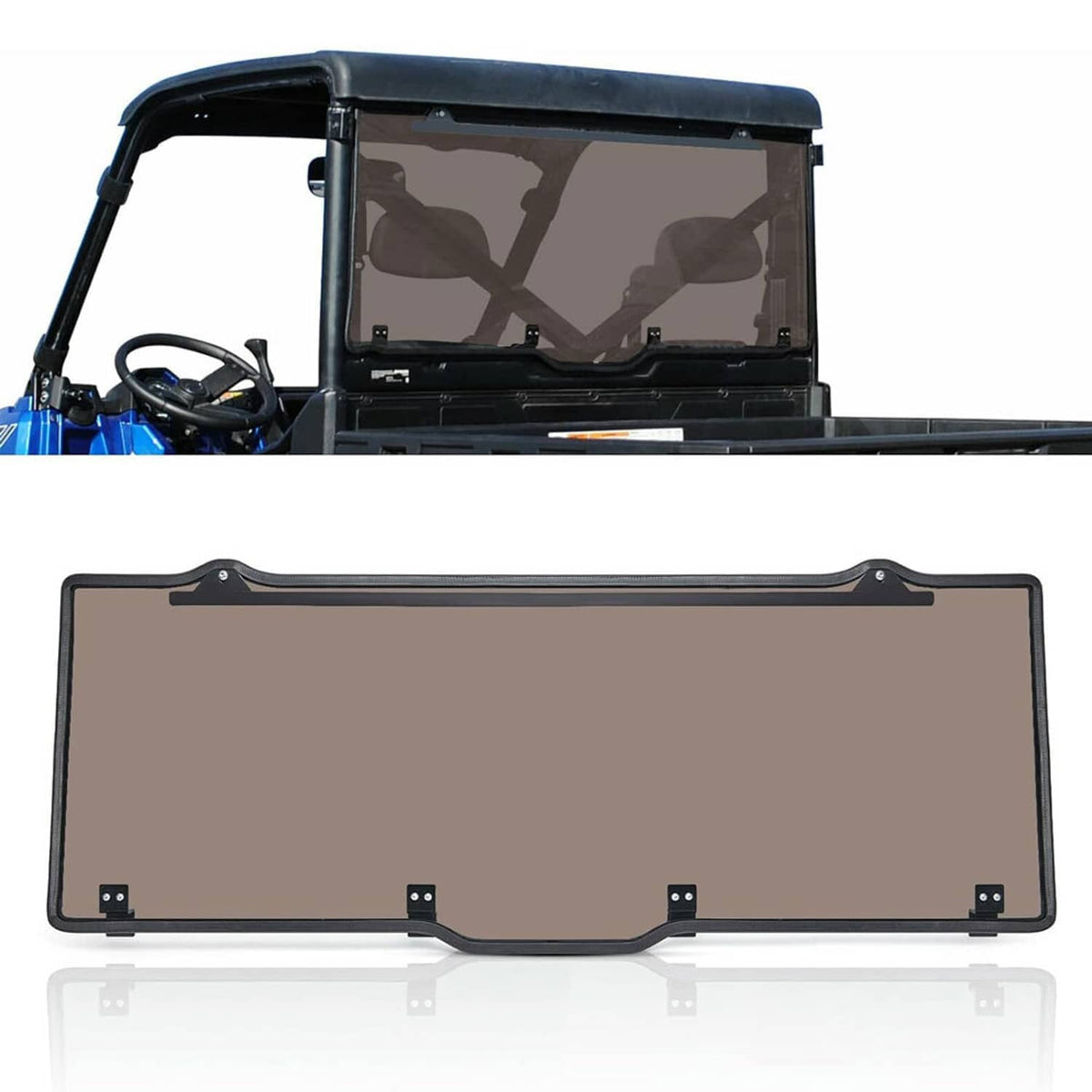 Standalone UTV rear windshield back window with black frame, tinted glass, and mounting tabs