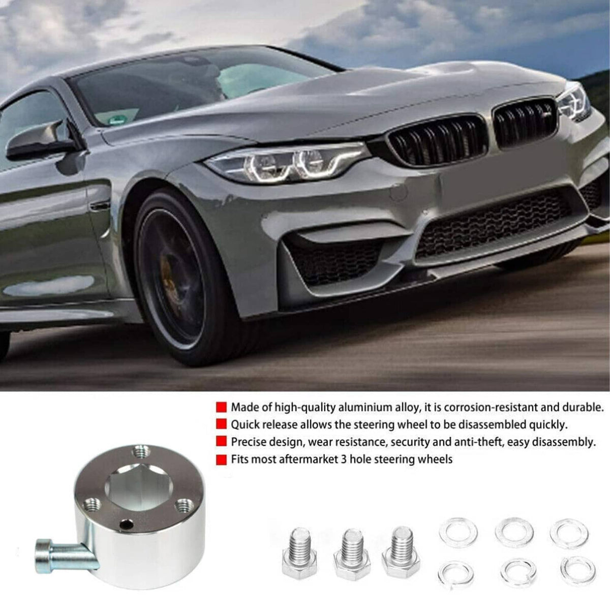 Quick-release steering hub and hardware shown near a front car grille