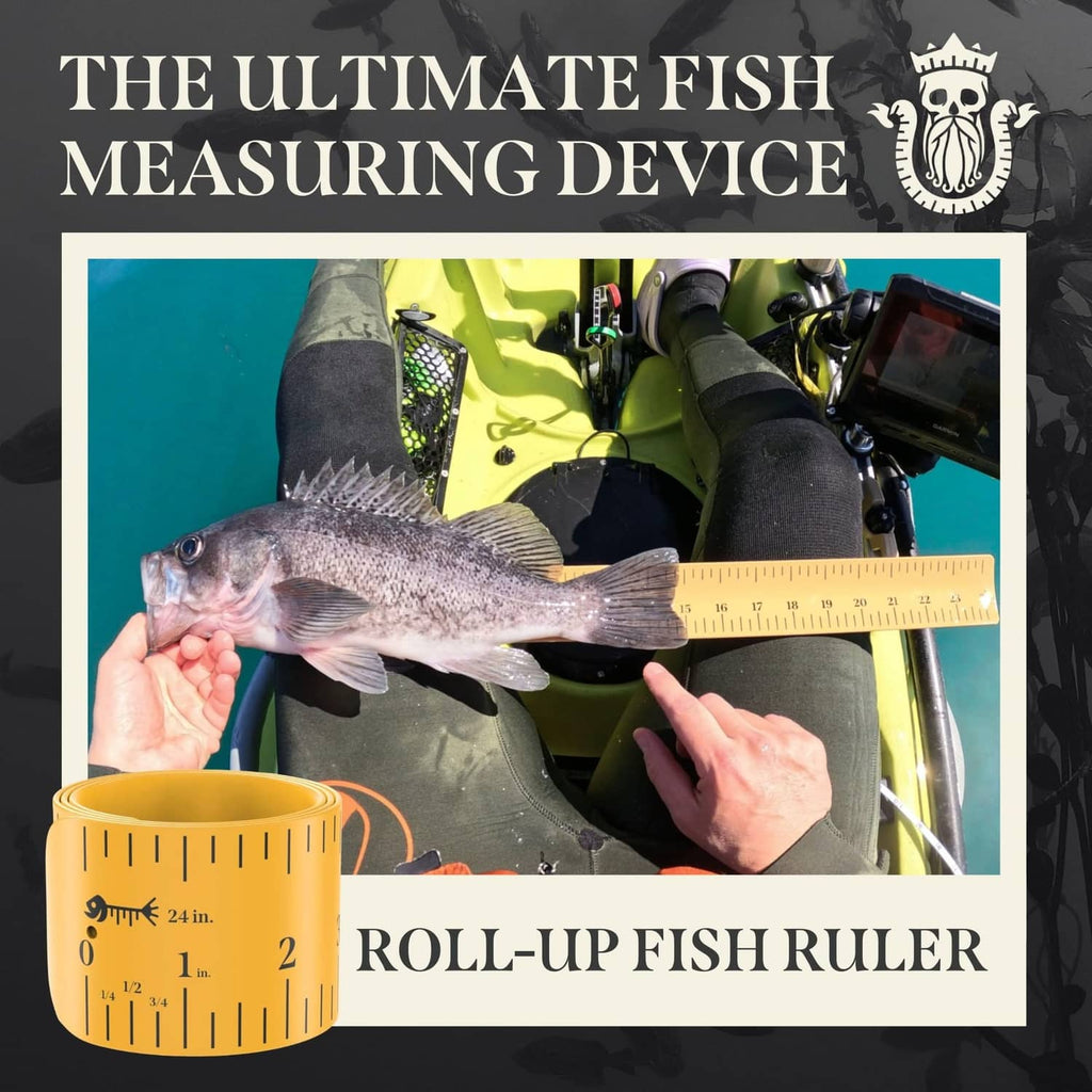 Roll-up fish ruler tape measure shown with fish, featuring black tape and yellow case