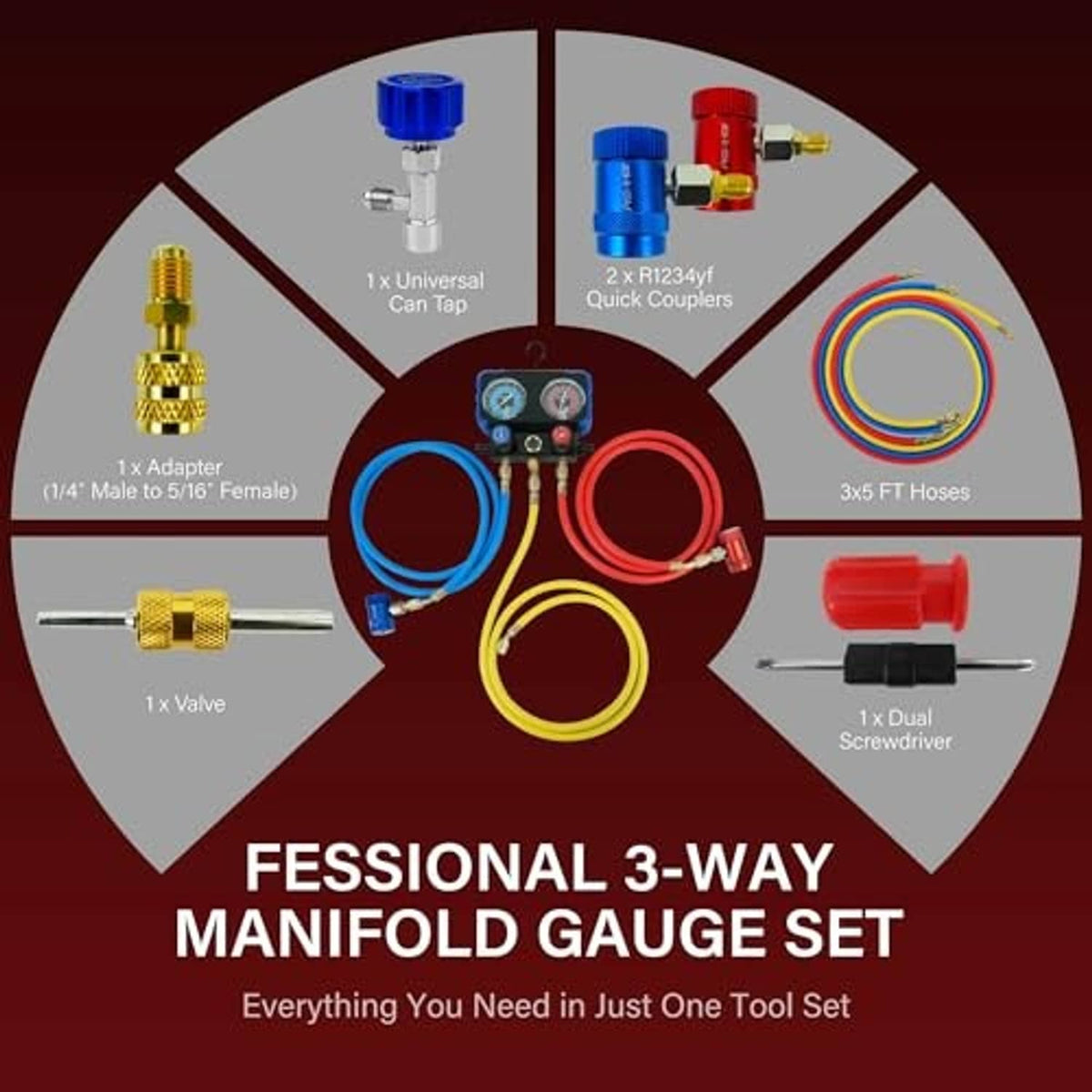3-way manifold gauge set accessories circle with gauges, adapters, and multicolor hoses