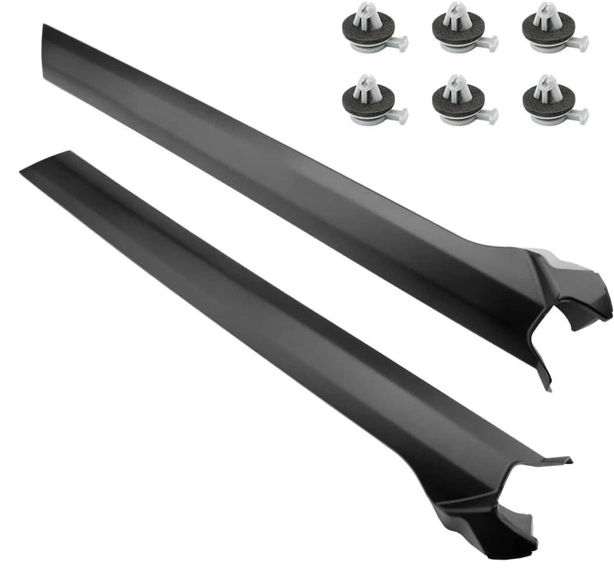 A-pillar trim molding, dark gray plastic, front right/left pieces with clips