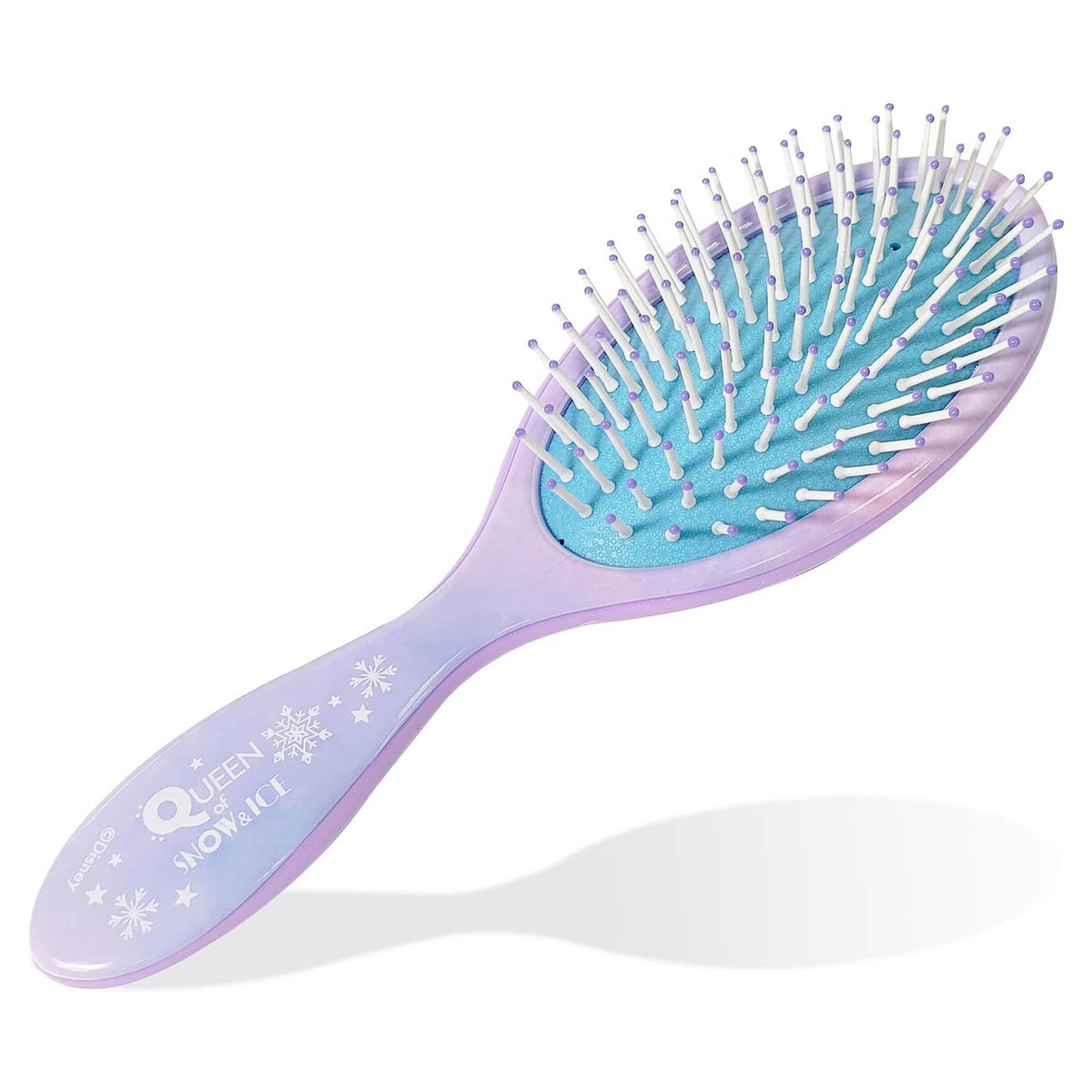 Pastel purple oval hairbrush with blue glitter bristle pad and white bristles