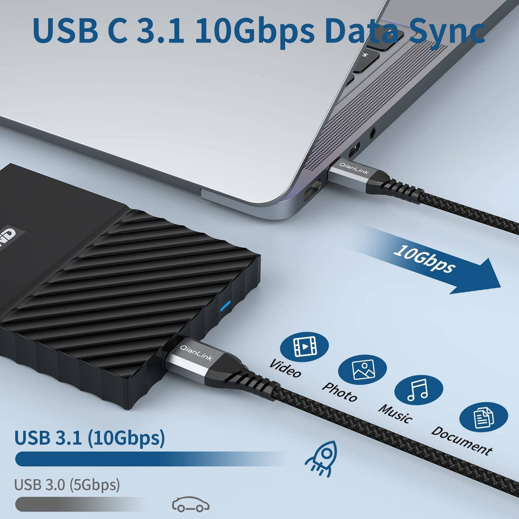 QianLink USB-C to Micro-B data cable with braided grey outer, gold connector ends.