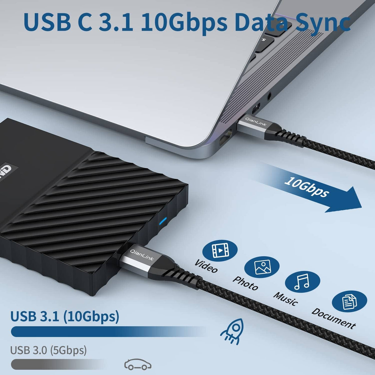 QianLink USB-C to Micro-B data cable with braided grey outer, gold connector ends.