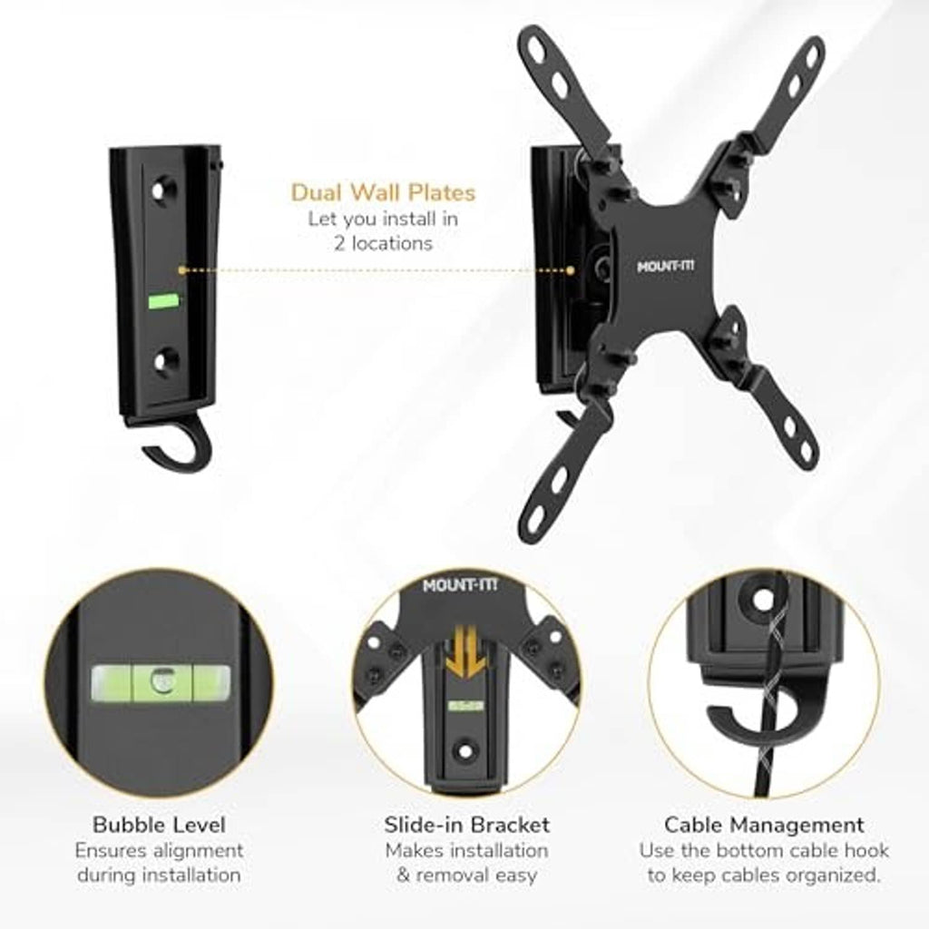 Black RV TV wall mount with dual wall plates and quick-release sliding bracket