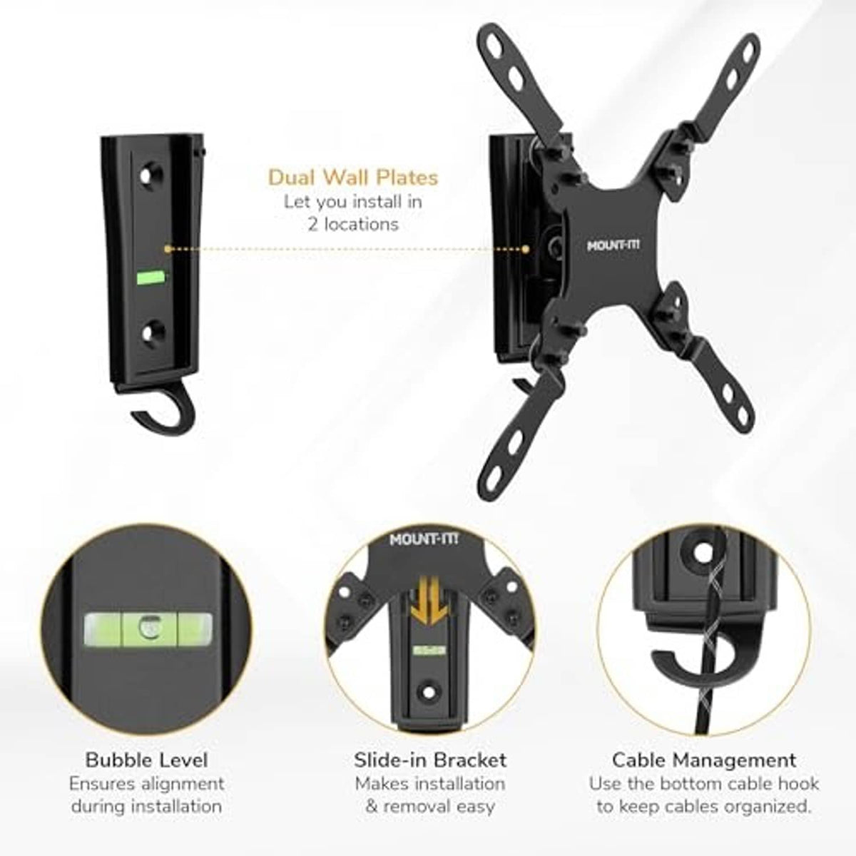 Black RV TV wall mount with dual wall plates and quick-release sliding bracket