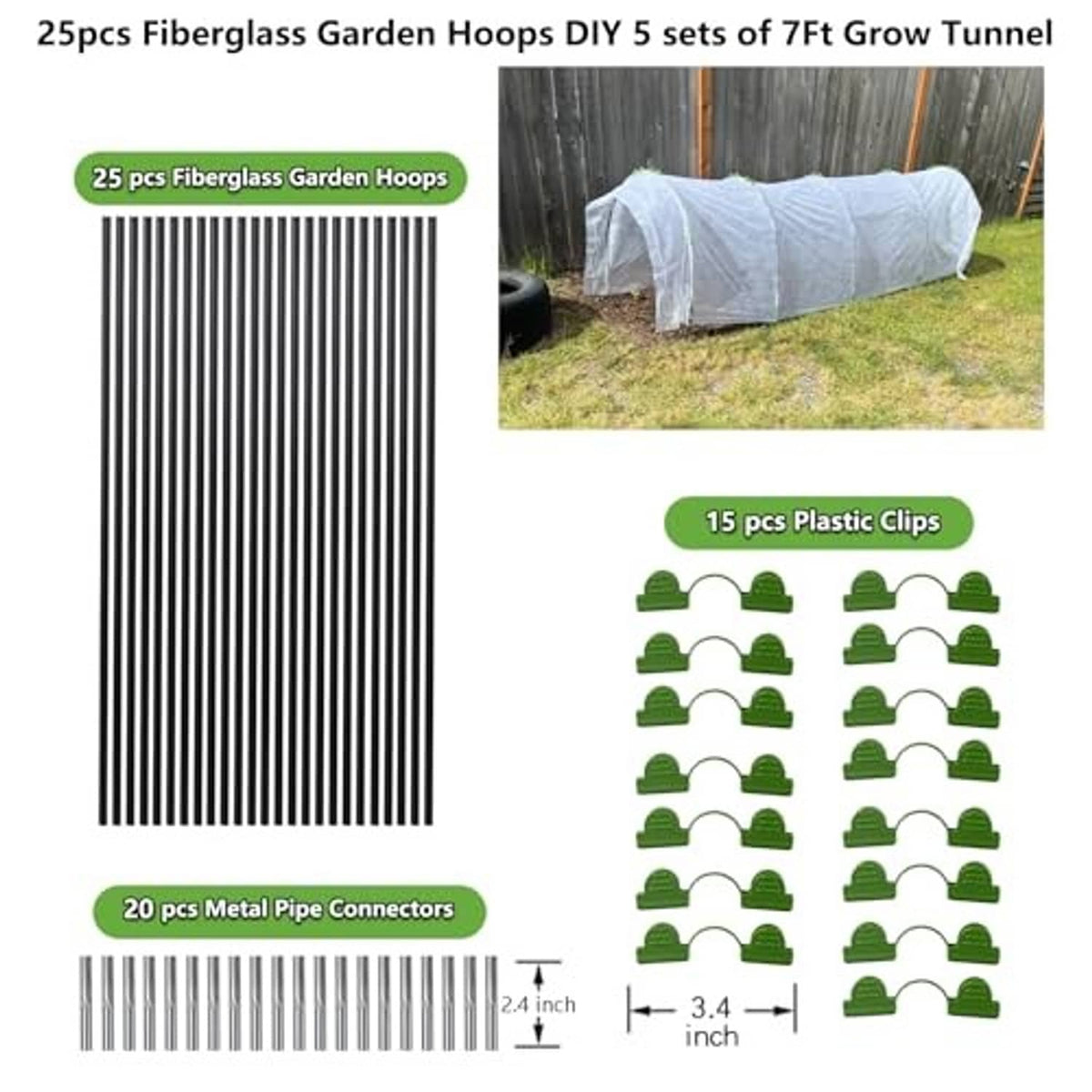 Garden hoop kit with 25 fiberglass hoops, plastic clips, and metal connectors