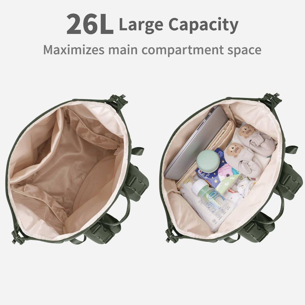 Green diaper bag backpack open to show large interior storage for baby essentials.