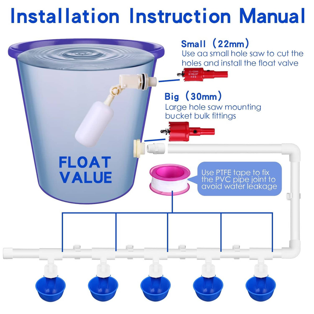 Float valve chicken waterer bucket with white PVC tubing and multiple blue cups