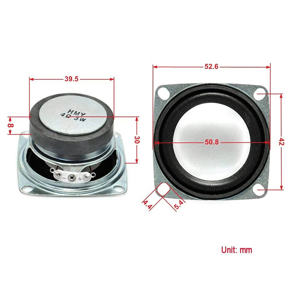 2-inch speaker driver shown with side and front views and mounting measurements