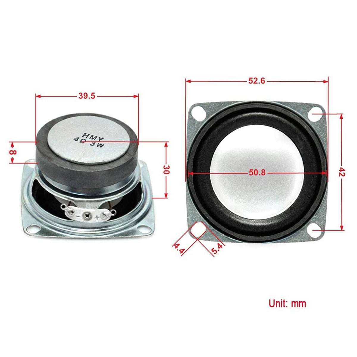 2-inch speaker driver shown with side and front views and mounting measurements