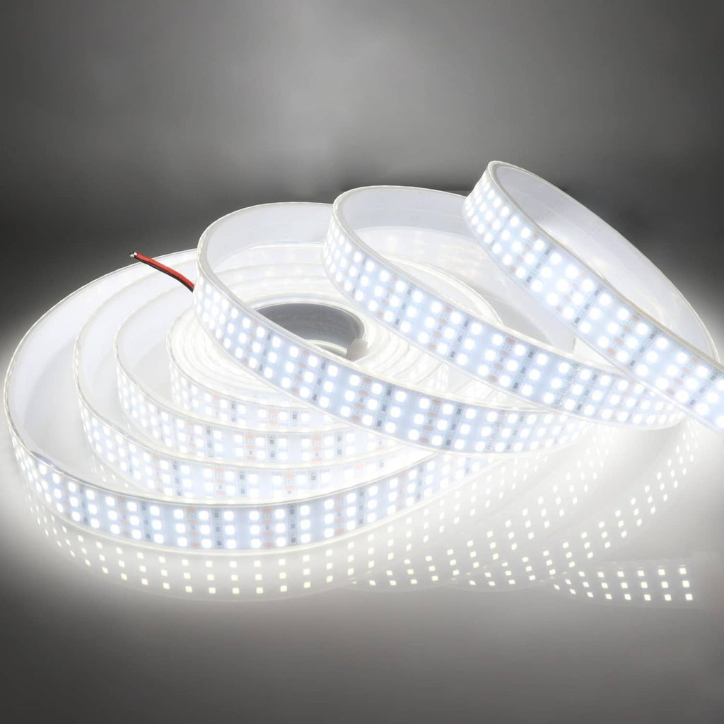 Triple-row LED strip light on a coil, with two color power wires at one end