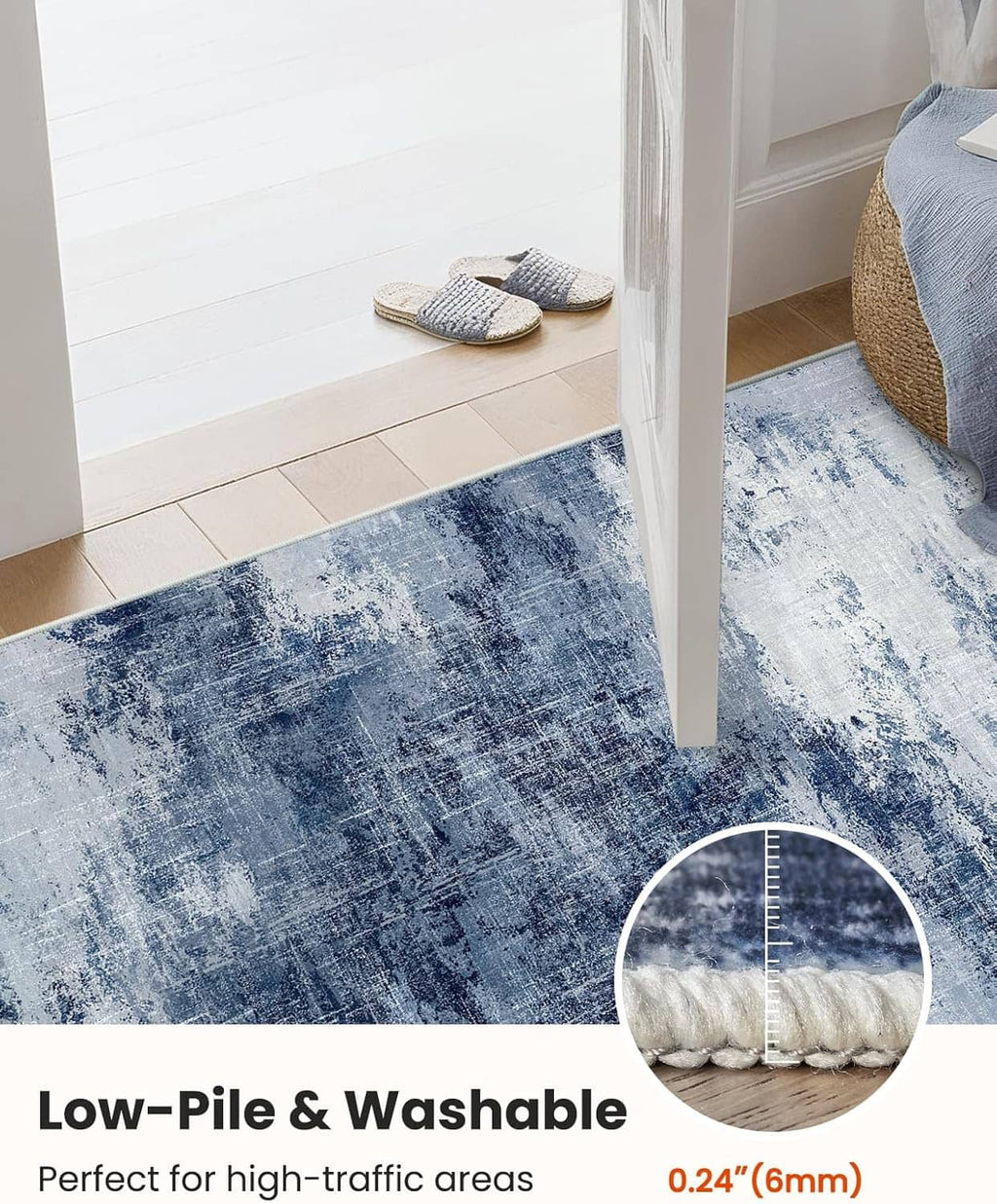 Blue low-pile area rug with textured surface and rounded anti-slip edge