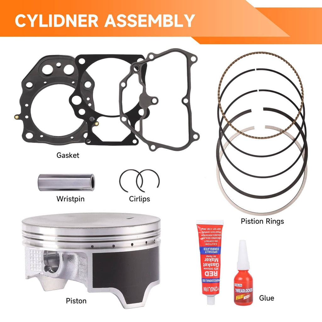 Cylinder assembly diagram labeling gasket, wrist pin, circlips, and piston rings