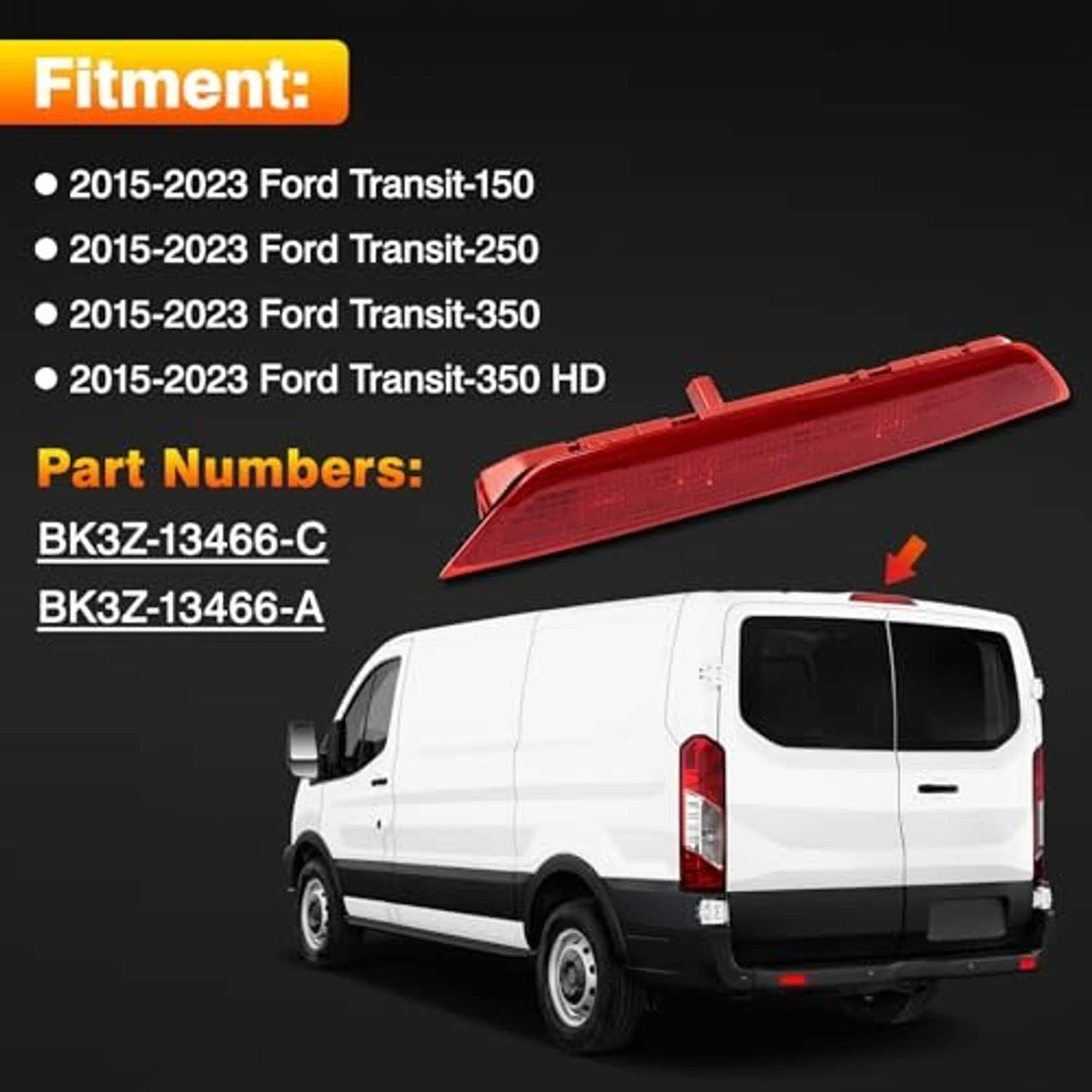 Red LED third brake light assembly for high-mount stop light, shown on van