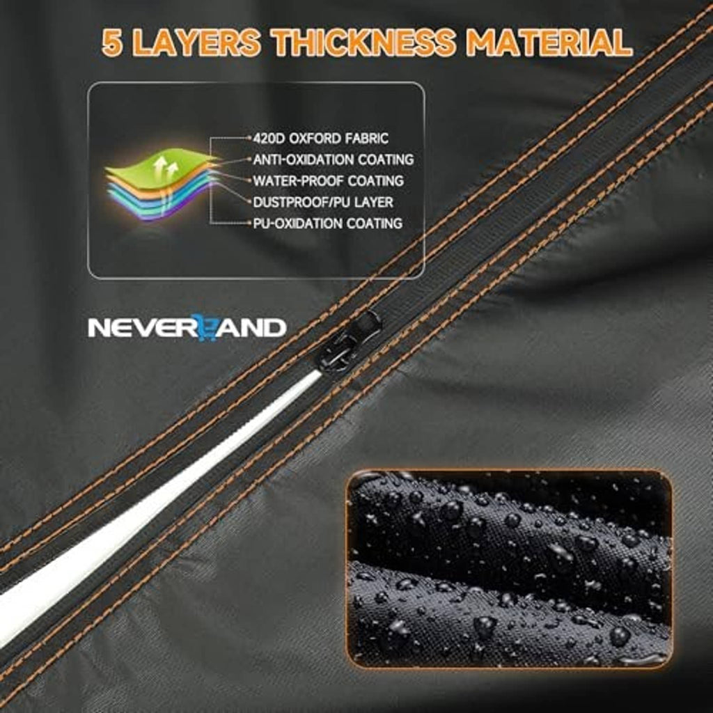 Close-up of black golf cart cover fabric with orange stitching, zipper, and water droplets