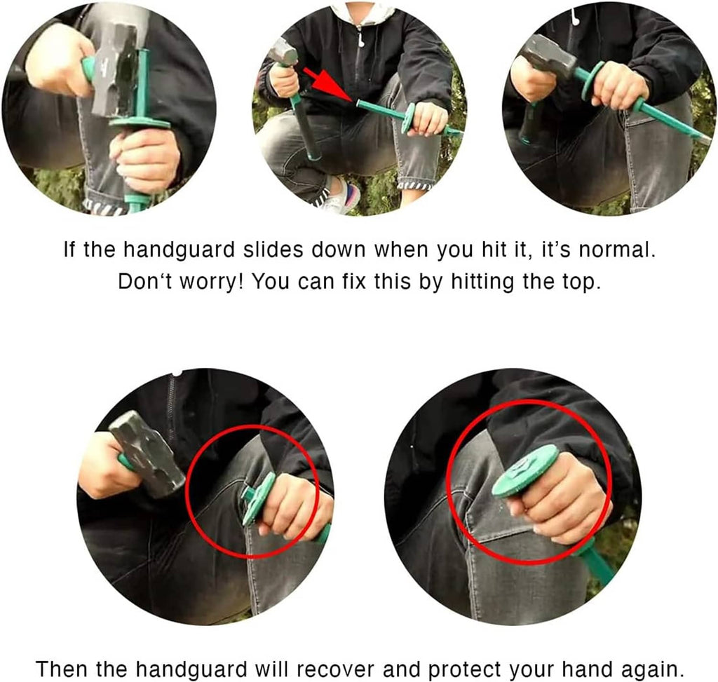 Masonry chisel hand guard action shown, teal tool held near concrete surface