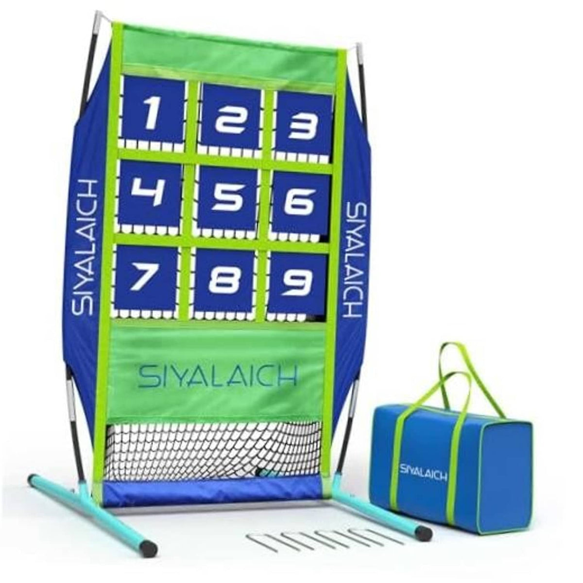 Portable baseball/softball target net with numbered blue-and-green grid and white netting