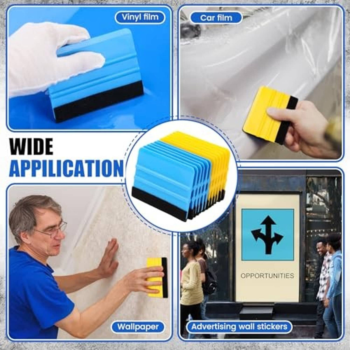 Blue and yellow felt-edge squeegee tools with ribbed texture for vinyl application