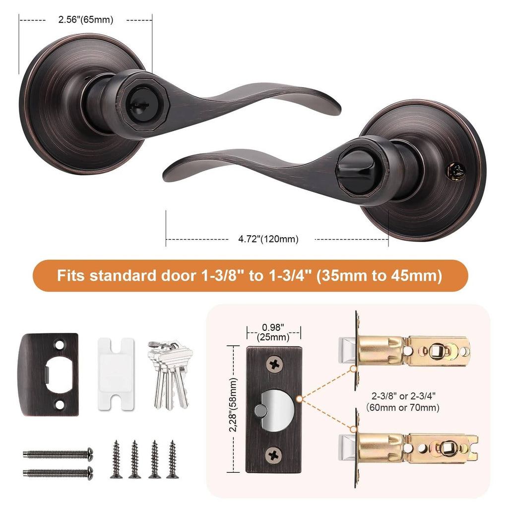 Keyed entry door lockset diagram with dark lever, oil-rubbed bronze cylinder, and hardware