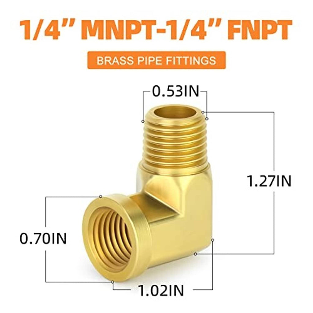 Brass 90° street elbow pipe fitting with MNPT to FNPT thread sizes and dimensions