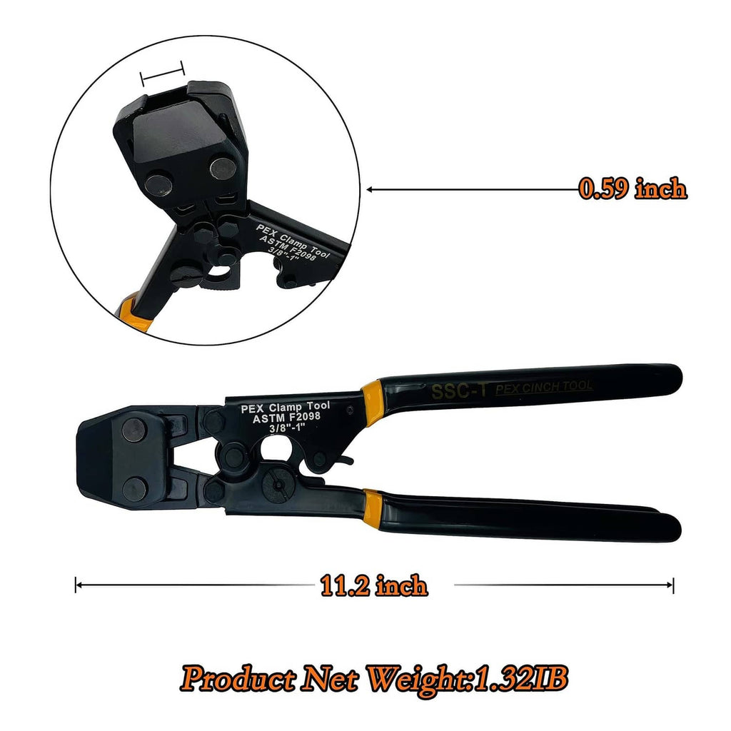 PEX clamp cinch tool, 11.2 in length with jaw close-up