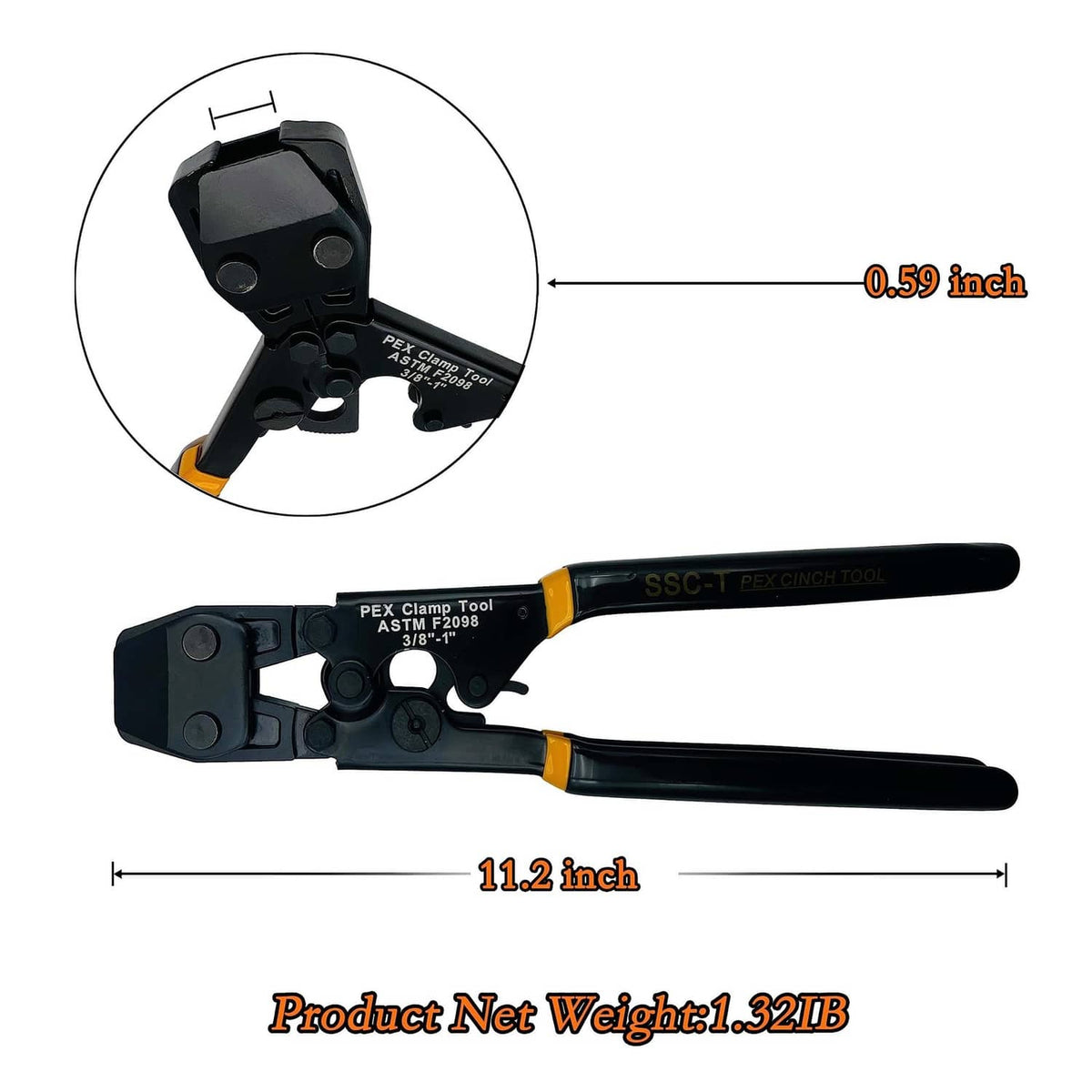 PEX clamp cinch tool, 11.2 in length with jaw close-up
