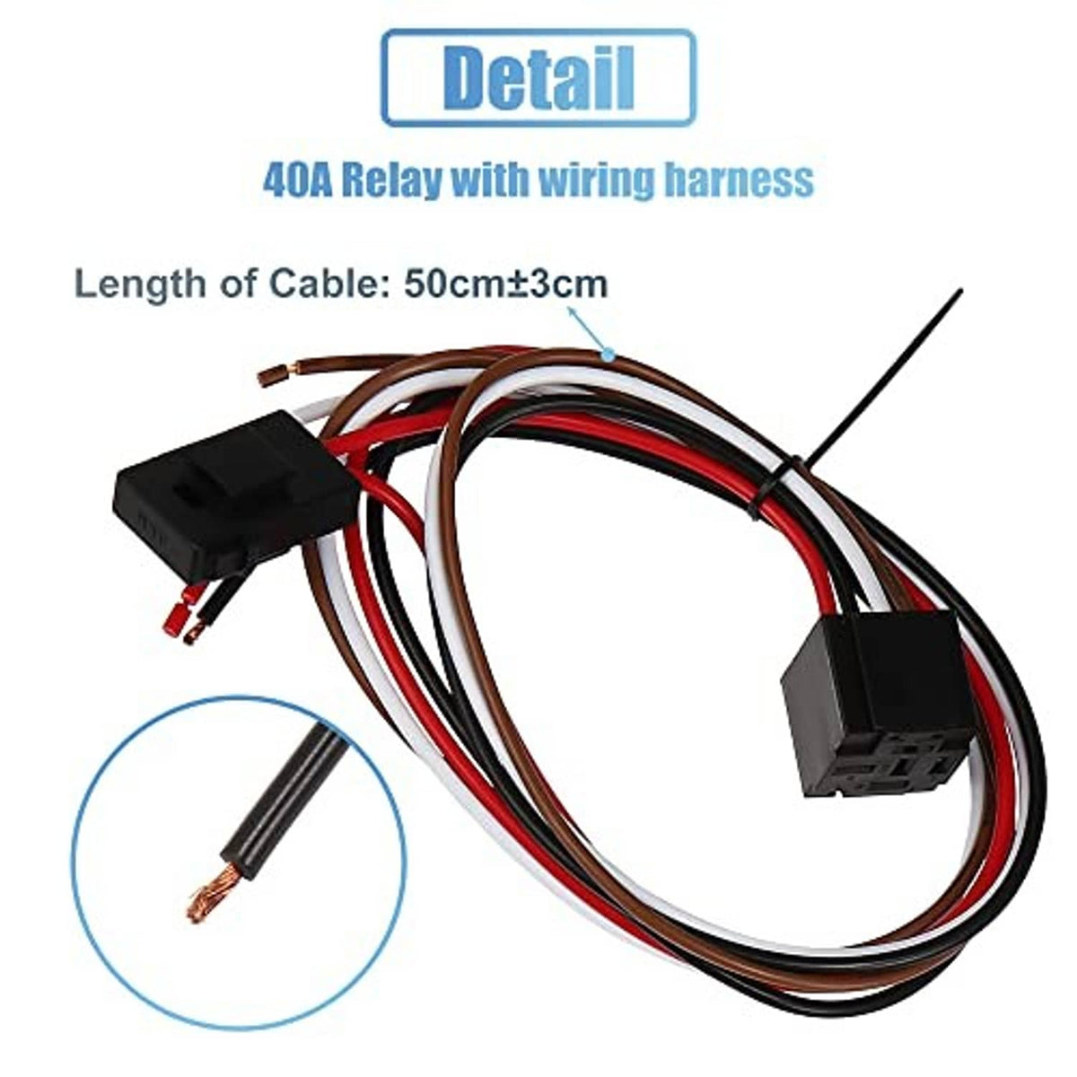Relay wiring harness with two black connector plugs and red, black, and brown leads