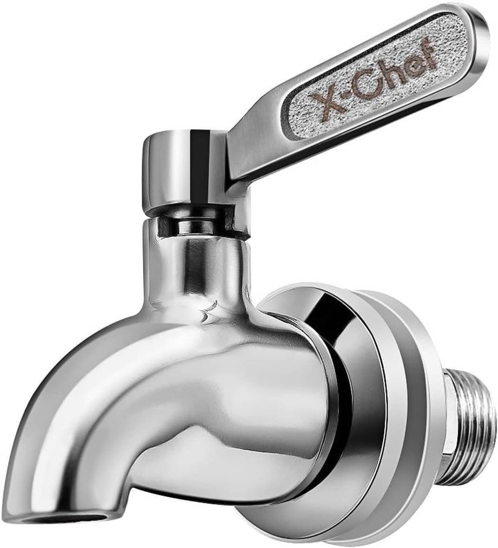 Stainless steel beverage dispenser spigot with X-Chef handle and threaded connection