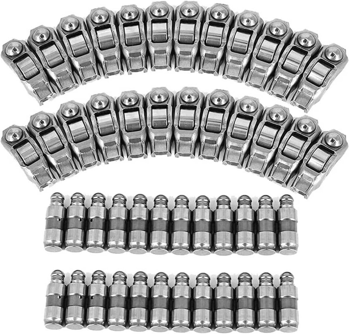 Rocker arm and valve lifter kit, chrome-finish metal parts set in two rows