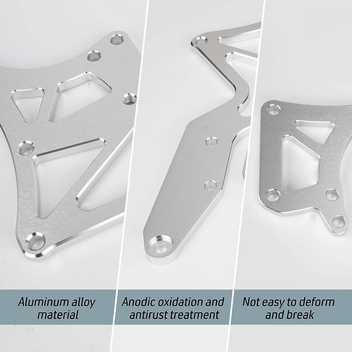 Silver aluminum serpentine brackets showing machined cutouts and mounting holes