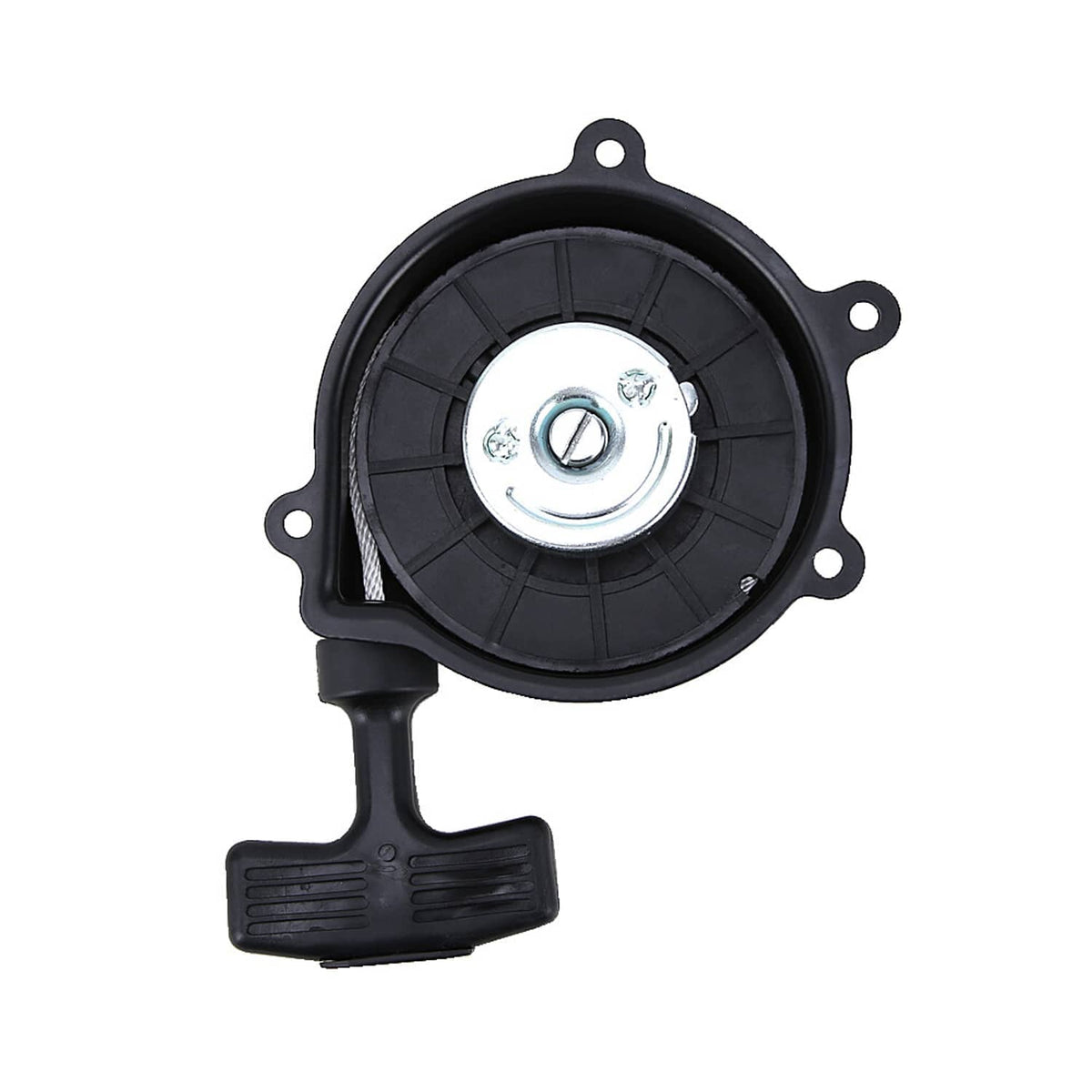 Black recoil pull starter cover with circular metal hub and retracting recoil rope